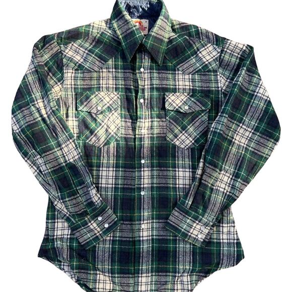 Vintage 1970 Saturdays in California Men Wool Shirt Blue Green Plaid Size Med - Picture 1 of 12